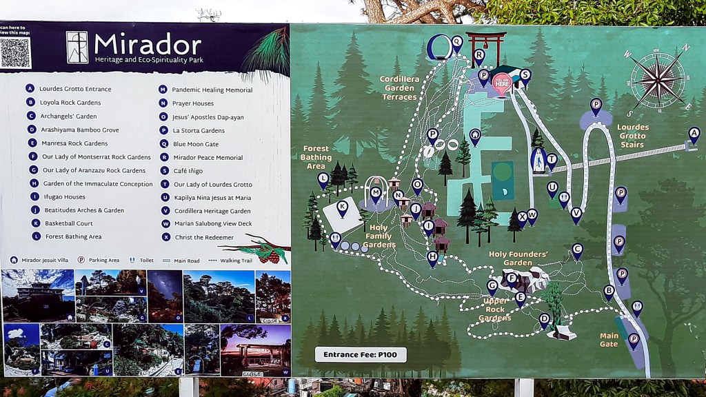 Map of Mirador Heritage and Eco-Spirituality Park showing various attractions and trails.