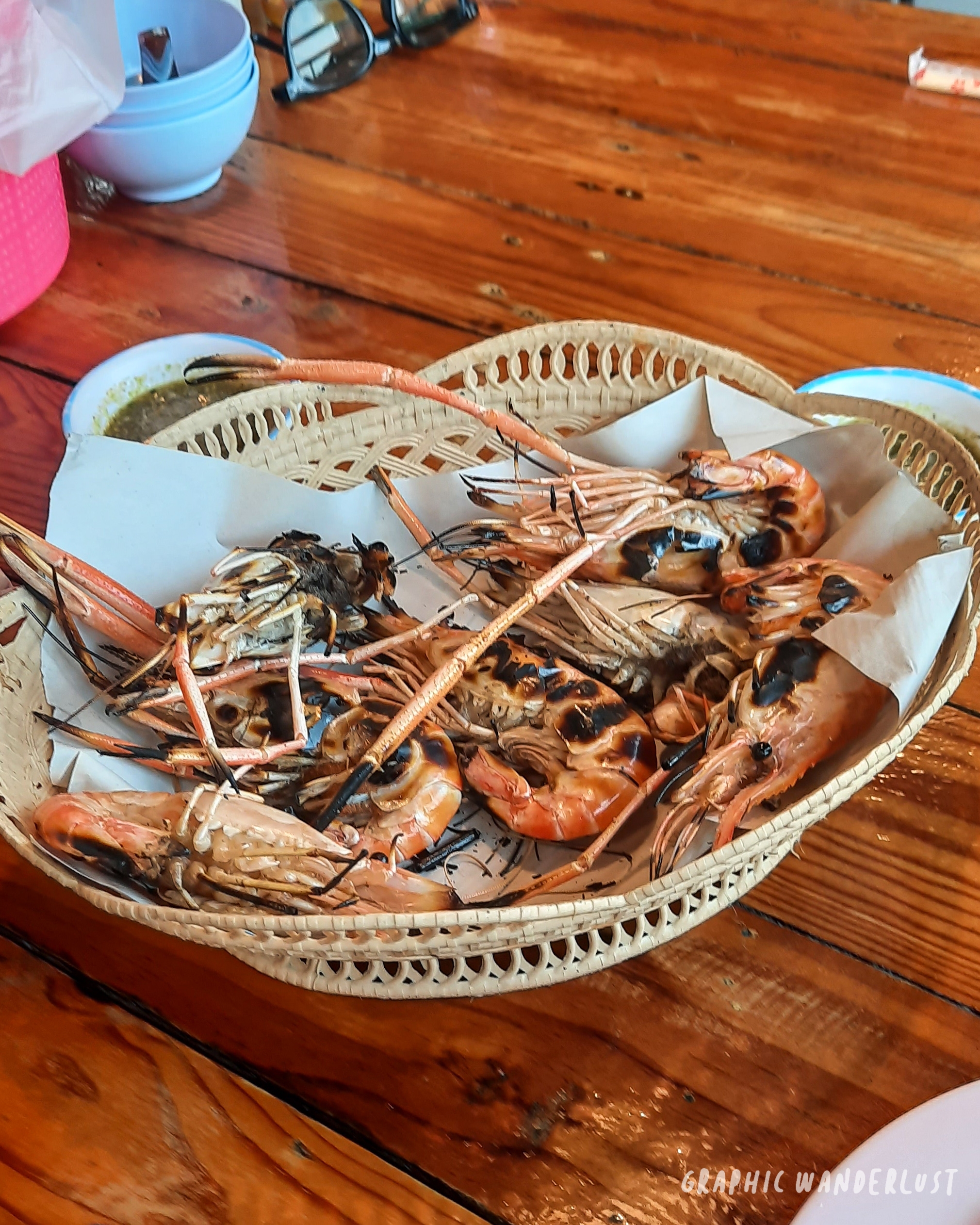 Serving of Ayutthaya's grilled river prawns