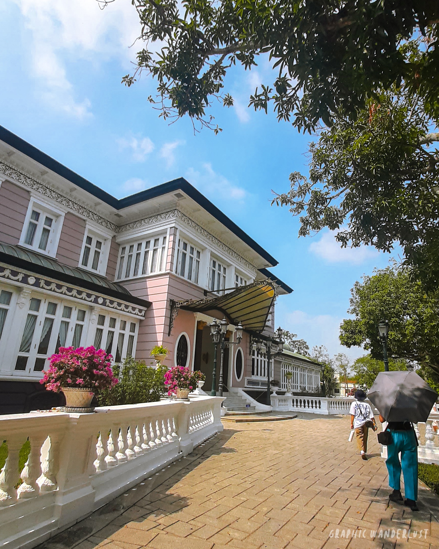 Neoclassical and Swiss chalet-inspired Thai royal building's front side inside Bang Pa-in Palace