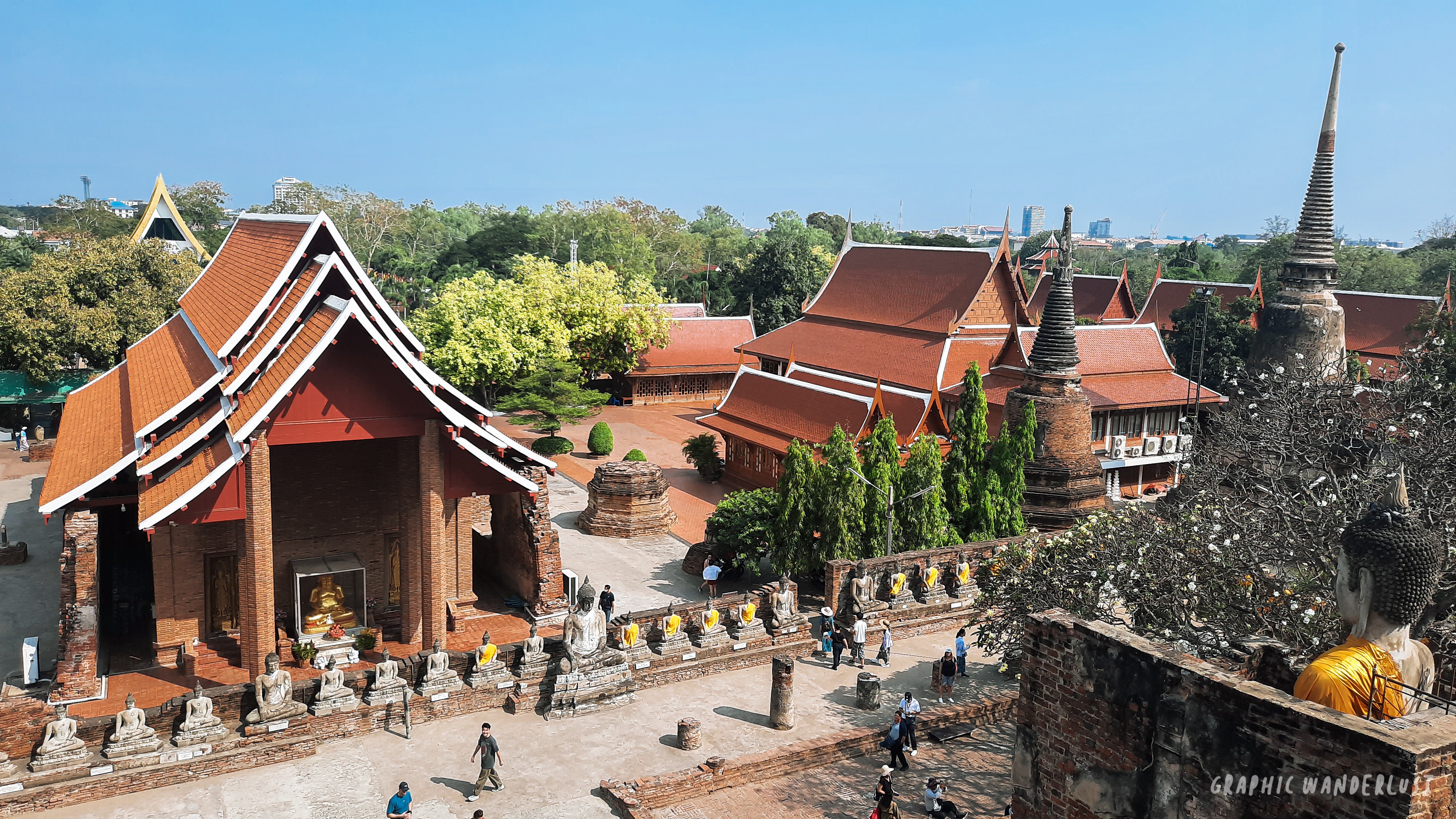 Viharas and gallery of Buddha images in Wat Yai Chai Mongkhon as viewed from its main stupa