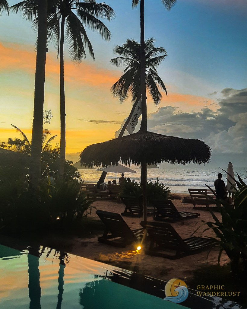 View of the sunset sky from a beachfront resort