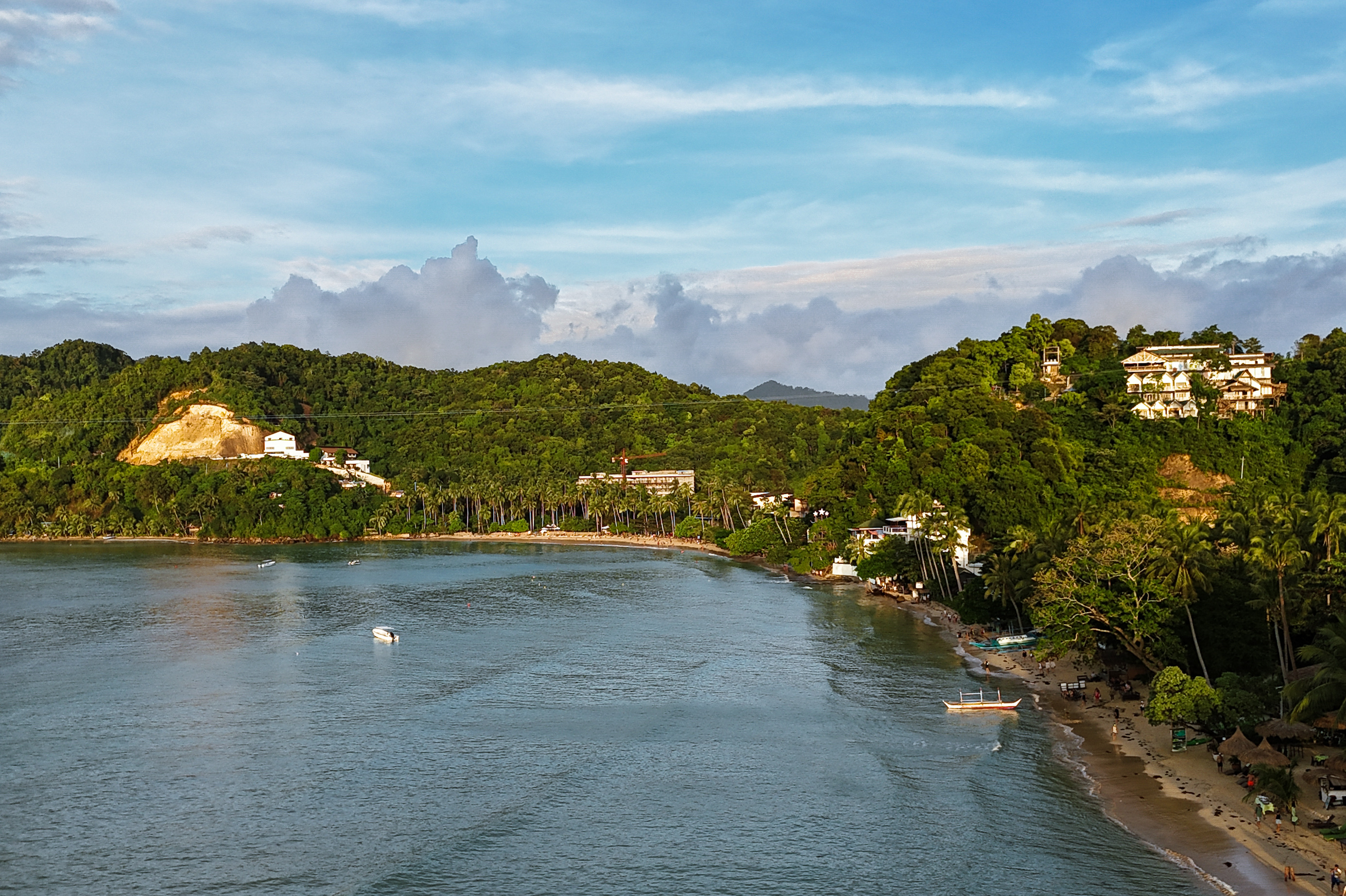 Drone shot of a lush beach during golden hour