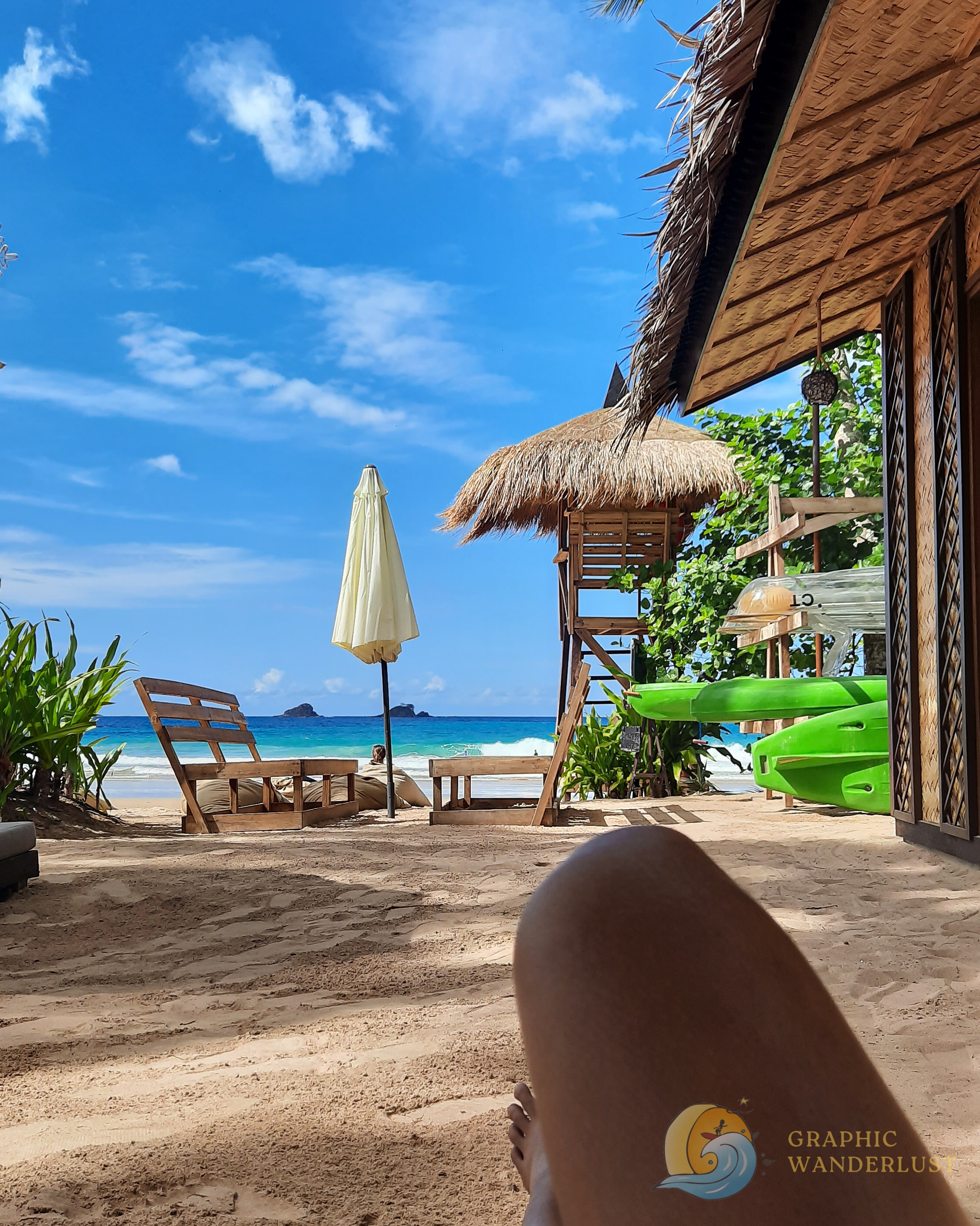 POV from a girl lounging and with a view of the beach