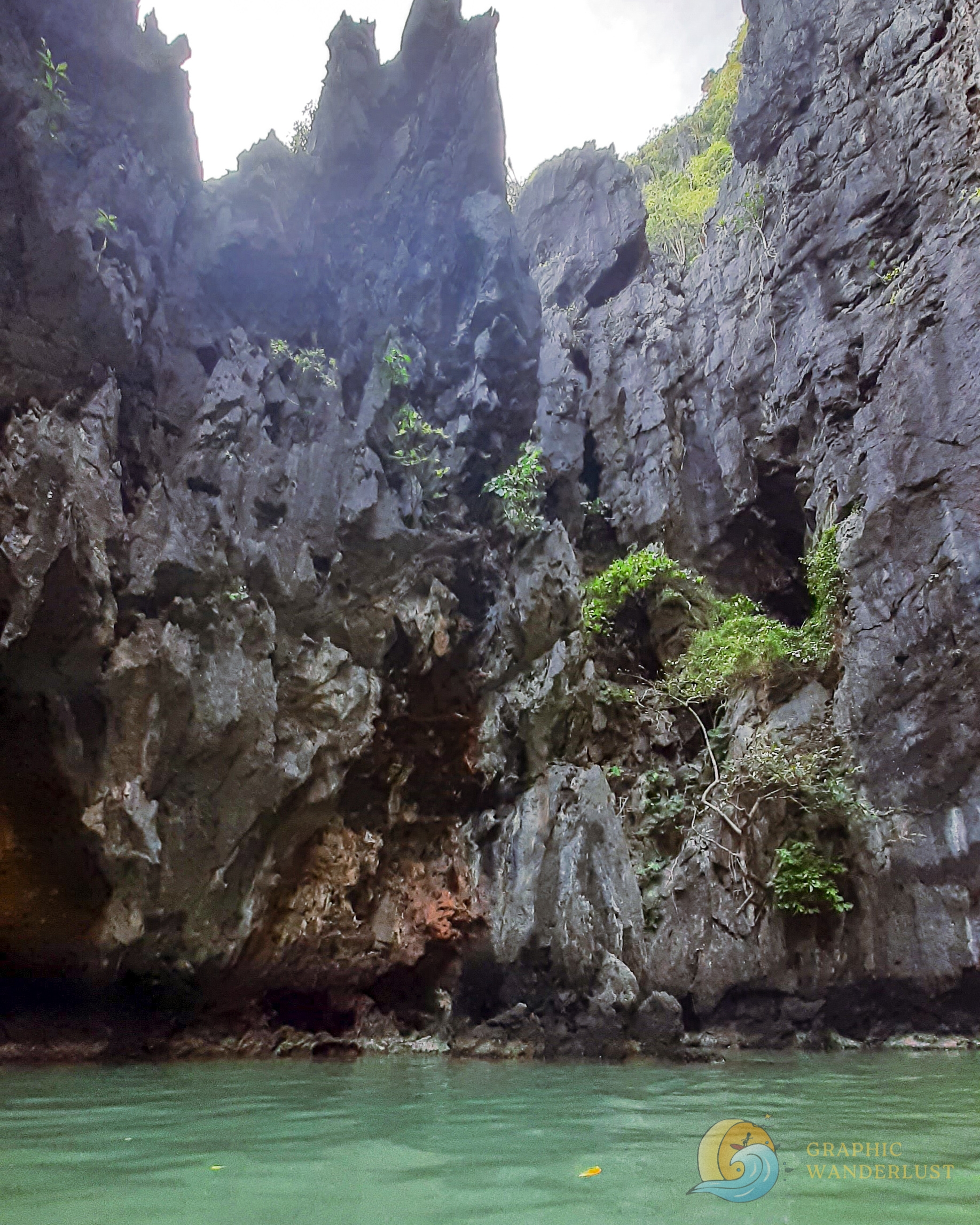 View of a limestone cliff with a murky mix of water below it