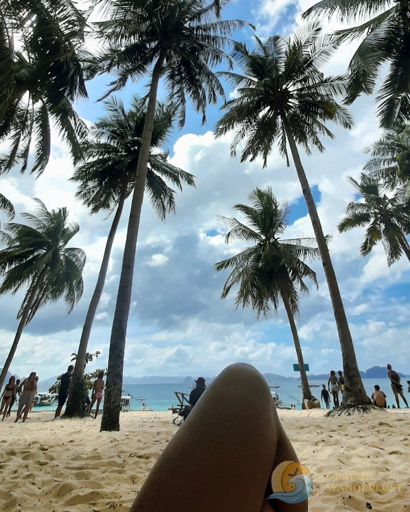 POV of someone lounging under tall coconut trees