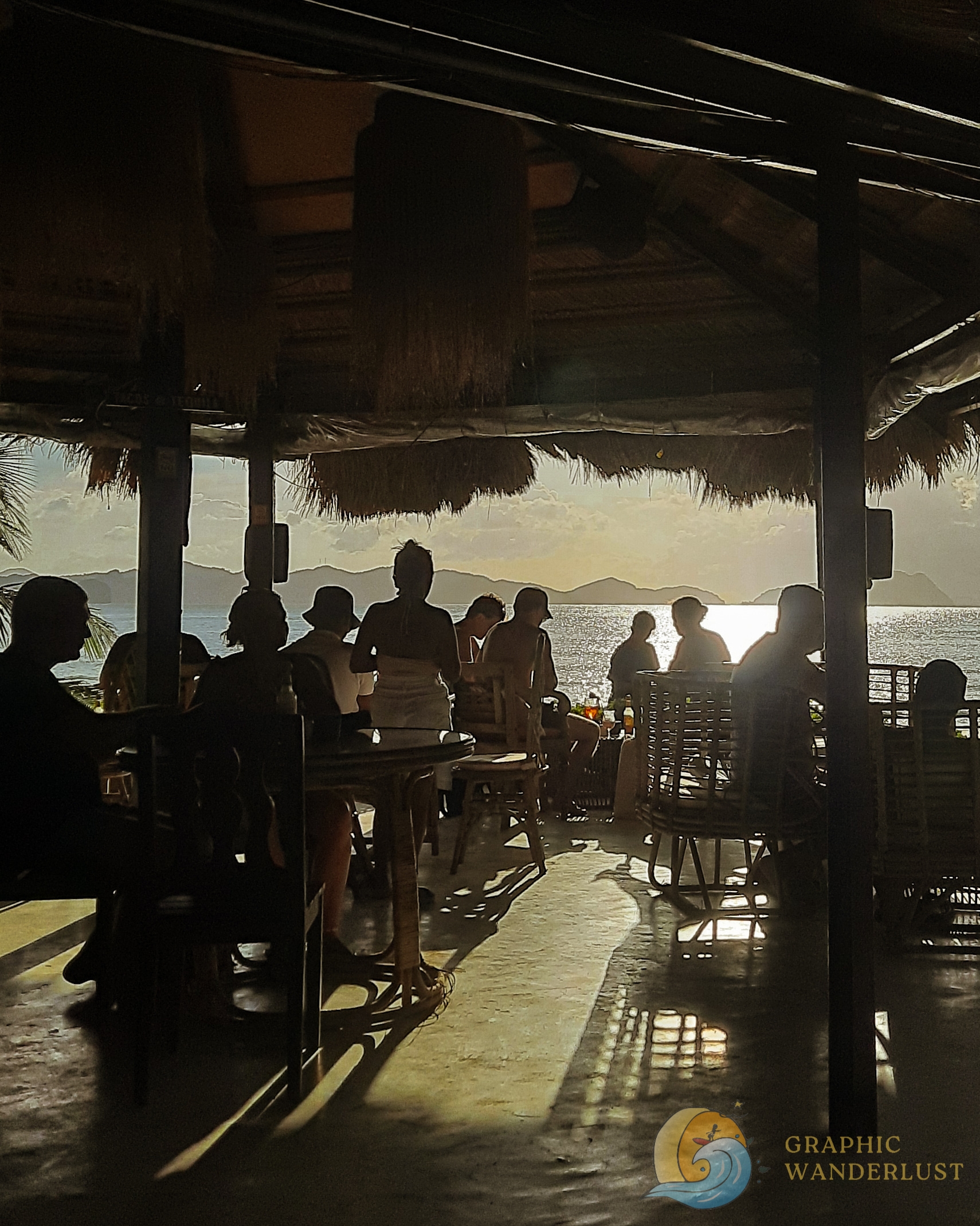 Silhouette of people inside a bar waiting for the sunset
