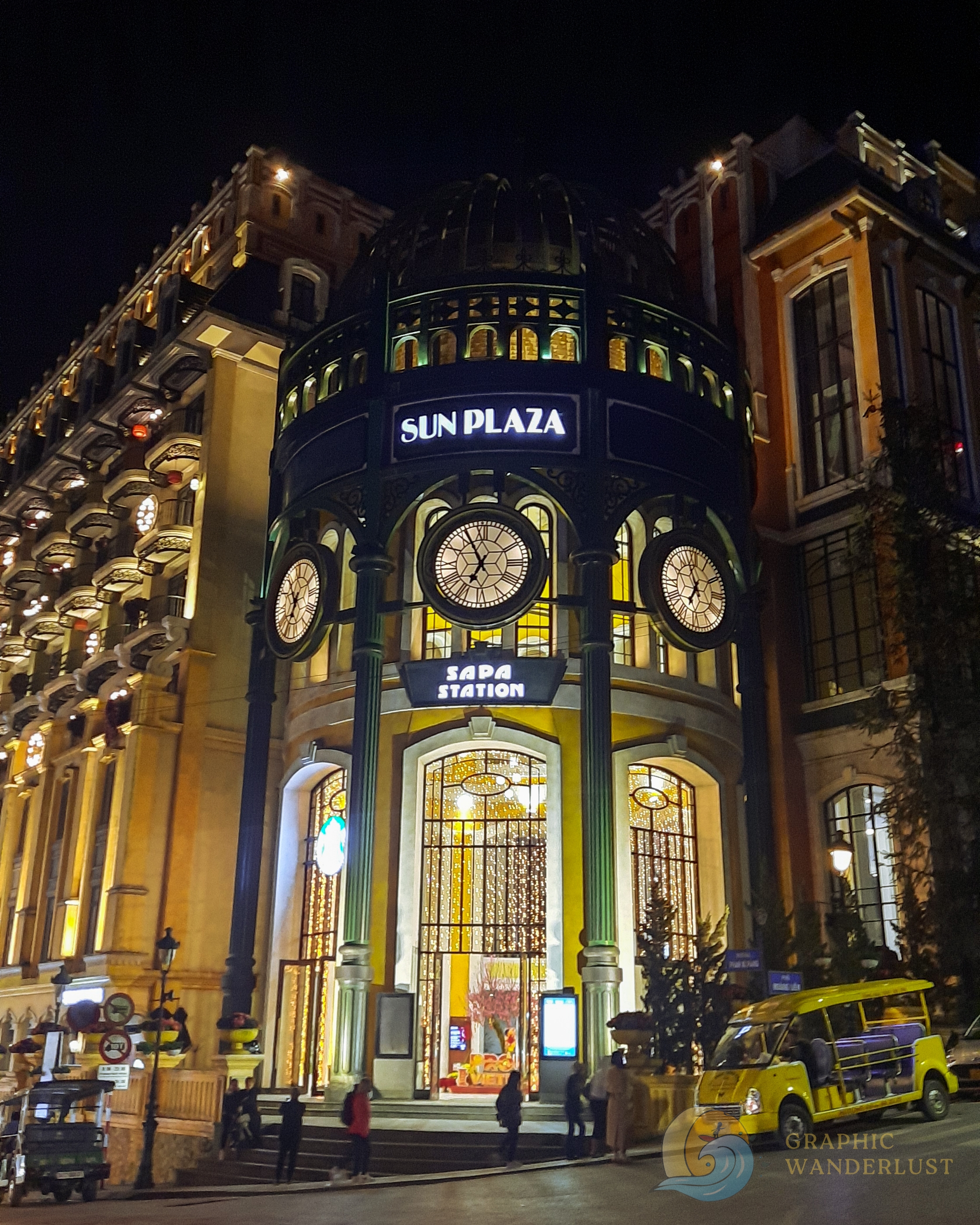 Facade of a European style building at night