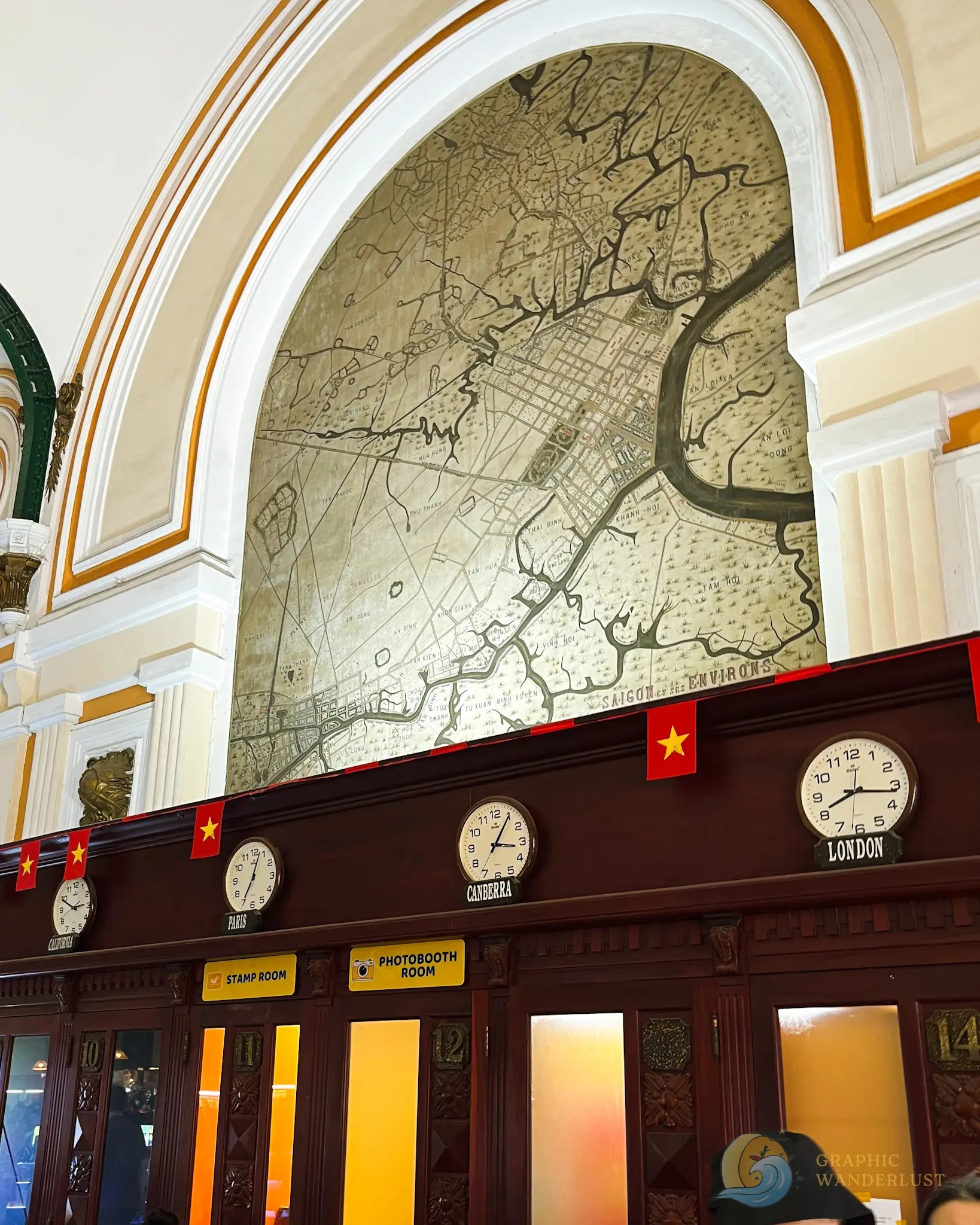 Wall map painting found above wooden telephone booths at Saigon Central Post Office.