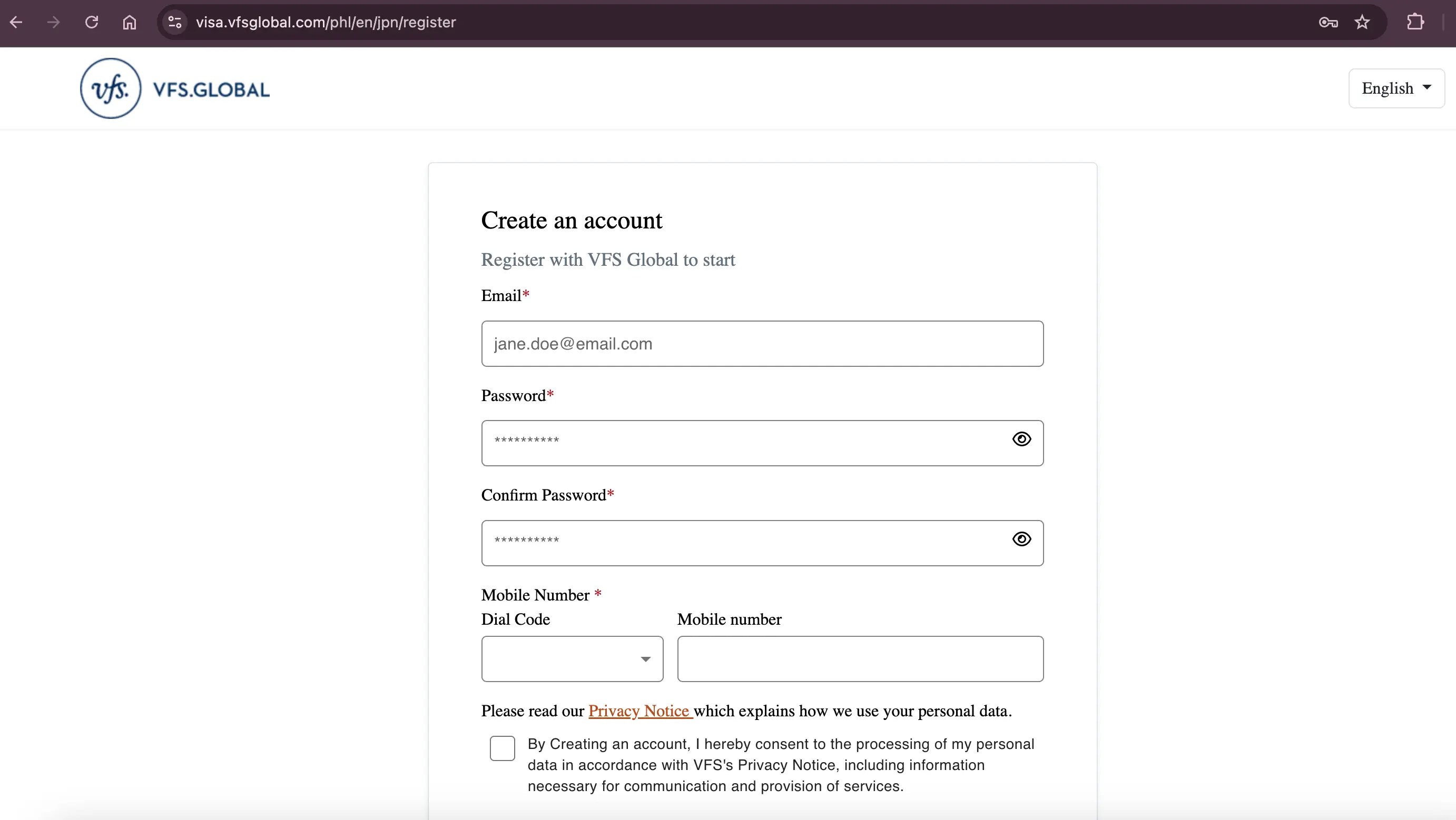 VFS Global Philippines Japan Visa Create an Account VFS Global registration form to create an account with email, password, and mobile number fields.