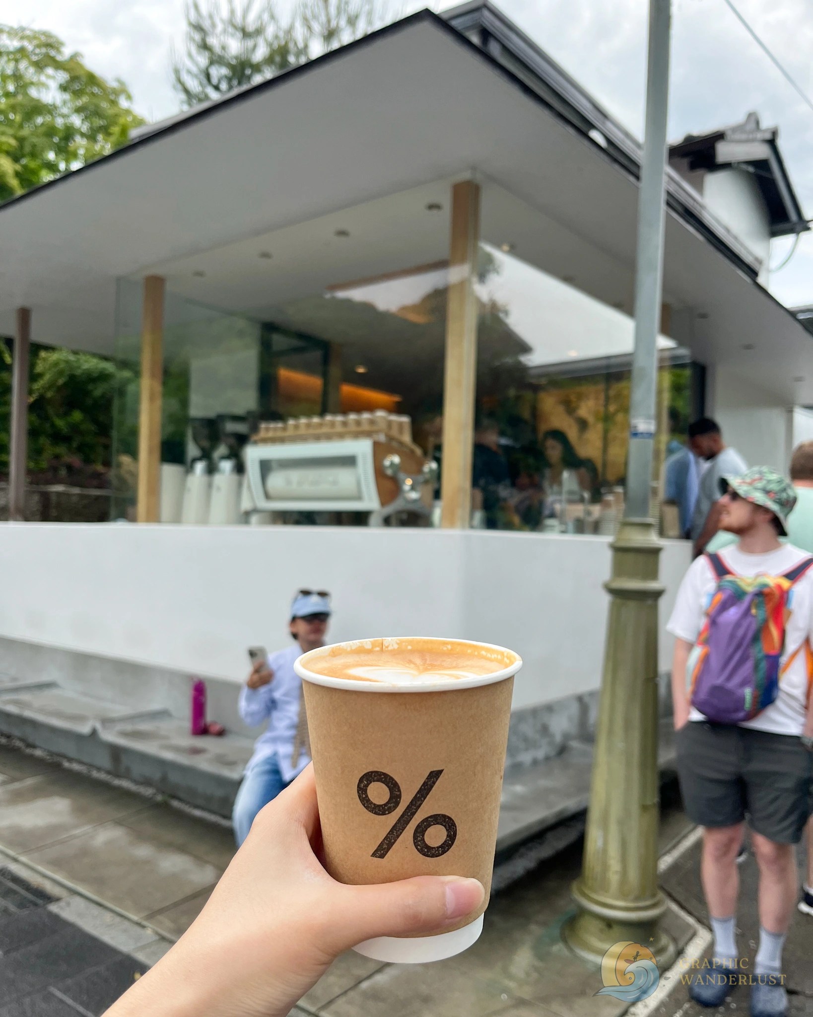 A hand holding a cup of latter with a background of small coffee shop.