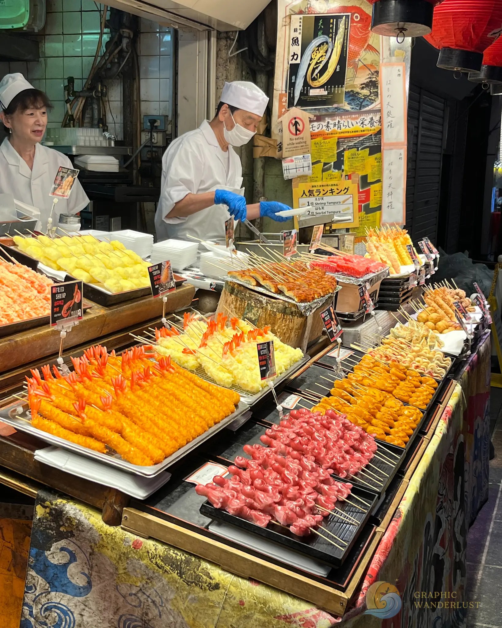 A stall selling delicious-looking skewers in a market in Kyoto.